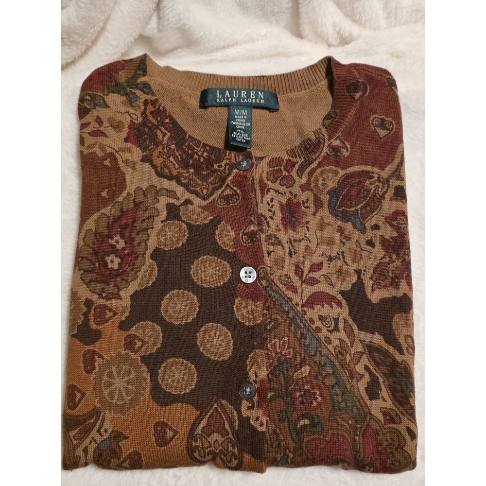 Lauren Ralph Lauren Brown Paisley Silk Cotton Knit Button Cardigan Sweater M - Picture 5 of 5